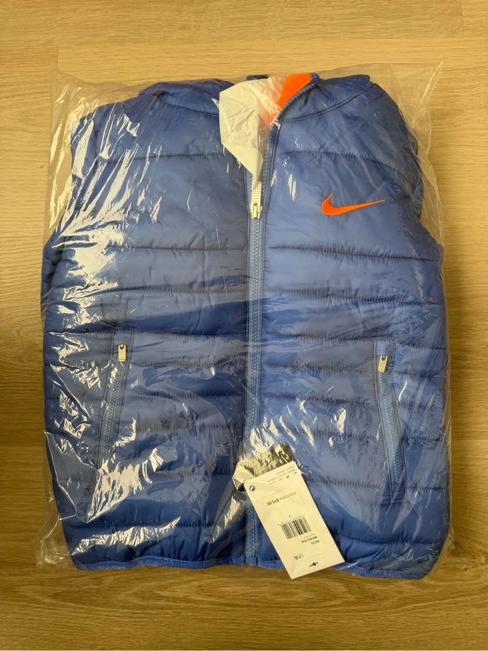 New Kids Sz 7 Nike Hooded Jacket Blue Water Resistant Midweight Faux Down Fill